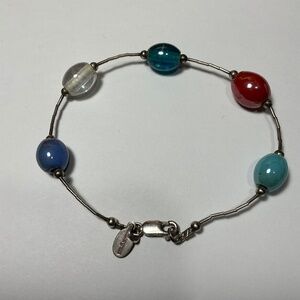 MORGAN Liquid Sterling Silver Bracelet with Colorful Glass Beads. 8.5” long